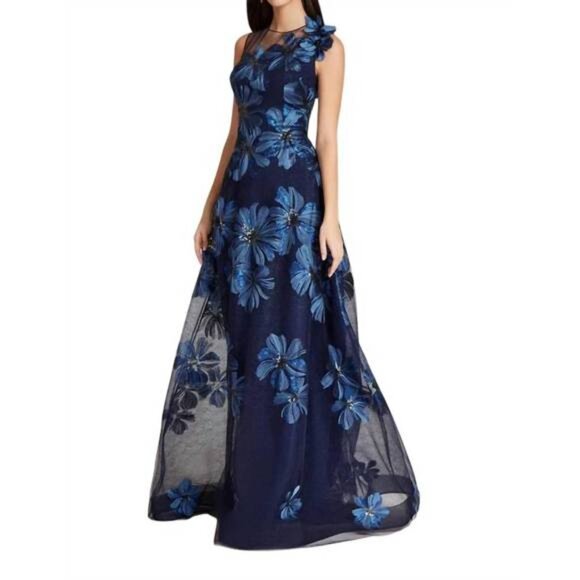 NEW TERI JON floral embroidered tulle gown in navy